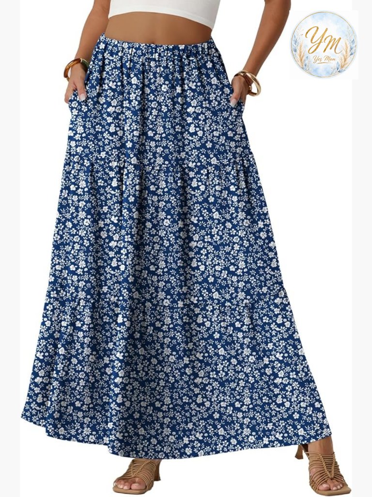 Flowy Elastic High Waisted Maxi Skirt With Pockets